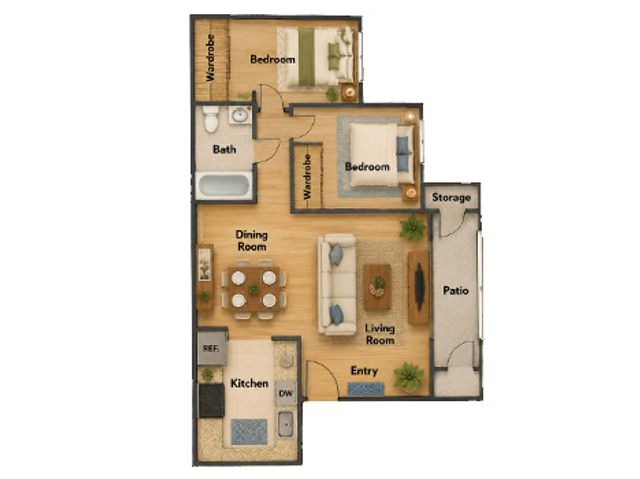 Inviting floor plan with two cozy bedrooms, a charming living room, well-equipped kitchen, and a delightful patio space.