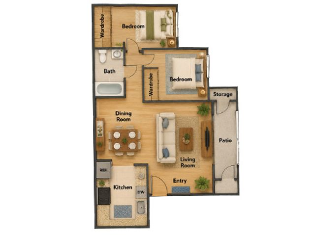Inviting floor plan with 2 cozy bedrooms, stylish living room, modern kitchen, dining area, and a charming patio with storage.