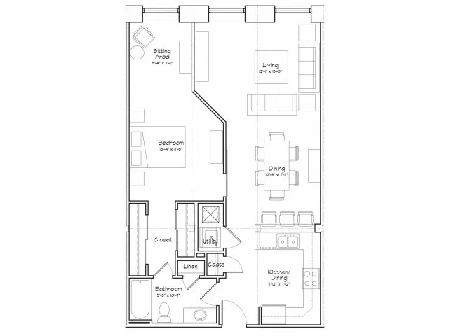 1X1-A12 Floor Plan | 1 Bedroom with 1 Bath | 850 Square Feet | Alpha Mill Apartments