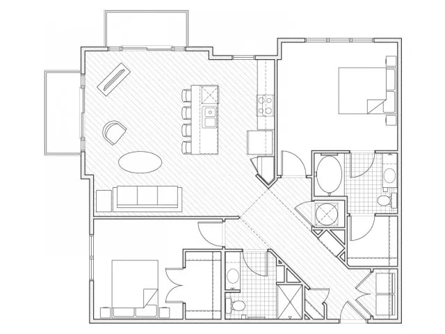 2X2-B10 Floor Plan | 2 Bedroom with 2 Bath | 1179 Square Feet | Alpha Mill Apartments