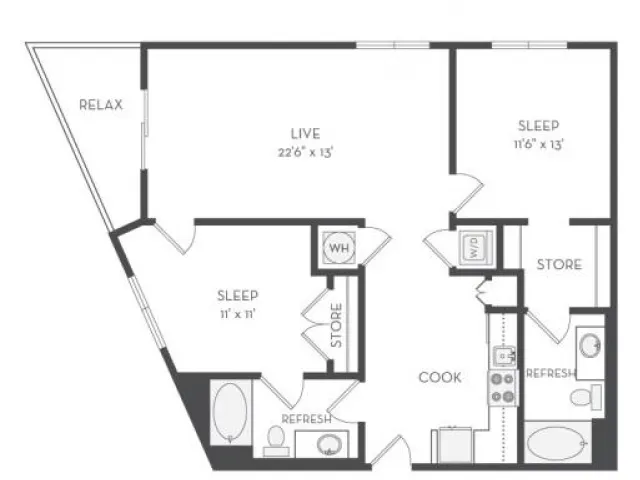 The Kandinsky Floor Plan | 2 Bedroom with 2 Bath | 1133 Square Feet | Cottonwood Westside | Apartment Homes