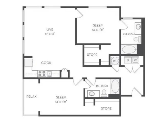The Albert Floor Plan | 2 Bedroom with 2 Bath | 1277 Square Feet | Cottonwood Westside | Apartment Homes