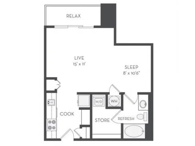 The Dali Floor Plan | Studio with 1 Bath | 611 Square Feet | Cottonwood Westside | Apartment Homes