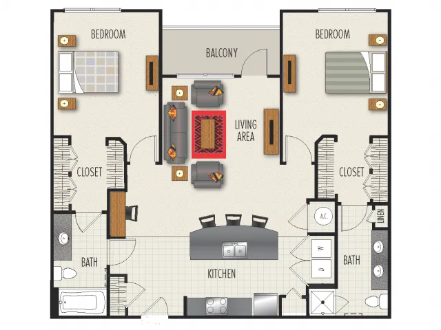 2C Floor Plan | 2 Bedroom with 2 Bath | 1298 Square Feet | Heights at Meridian | Apartment Homes