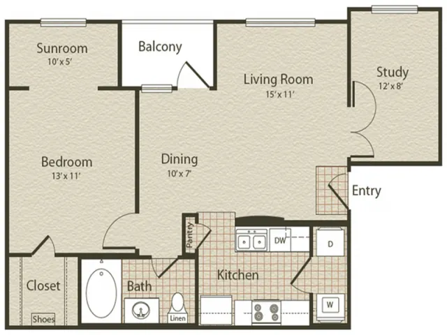 The Oriental Floor Plan | 1 Bedroom with 1 Bath | 771 Square Feet | Enclave on Golden Triangle | Apartment Homes