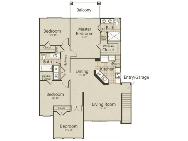 The Boardwalk Floor Plan | 4 Bedroom with 2 Bath | 1557 Square Feet | Enclave on Golden Triangle | Apartment Homes