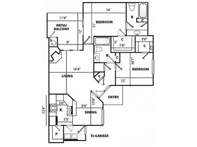 E Renovated Floor Plan | 2 Bedroom with 2 Bath | 1241 Square Feet | Pavilions | Apartment Homes