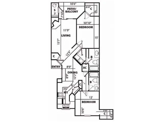 F Renovated Floor Plan | 2 Bedroom with 2 Bath | 1207 Square Feet | Pavilions | Apartment Homes
