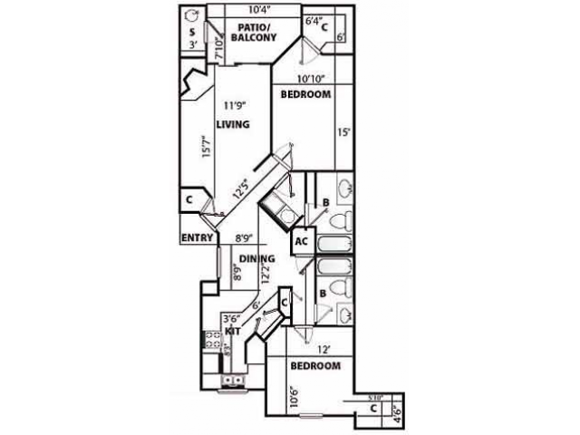 F Classic Floor Plan | 2 Bedroom with 2 Bath | 1207 Square Feet | Pavilions | Apartment Homes