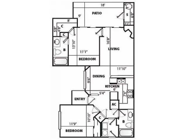 D2 Renovated Floor Plan | 2 Bedroom with 2 Bath | 1192 Square Feet | Pavilions | Apartment Homes