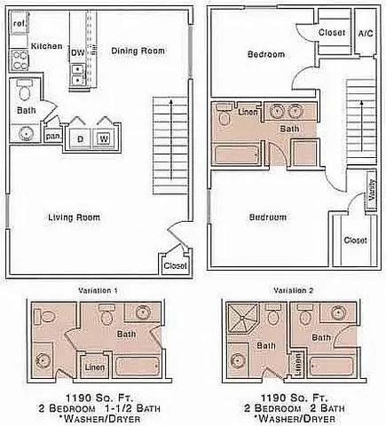 H Floor Plan | 2 Bedroom with 1.5 Bath | 1190 Square Feet | The Regatta | Apartment Homes