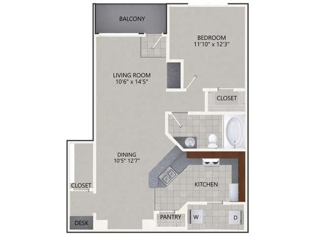 A3 Floor Plan | 1 Bedroom with 1 Bath | 827 Square Feet | Cottonwood Ridgeview | Apartment Homes