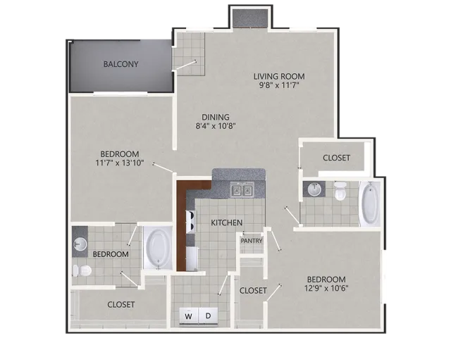 B1 Floor Plan | 2 Bedroom with 2 Bath | 1092 Square Feet | Cottonwood Ridgeview | Apartment Homes