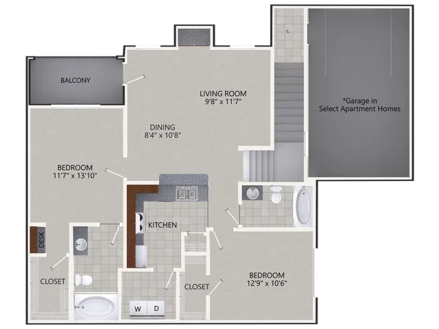 B2 Floor Plan | 2 Bedroom with 2 Bath | 1184 Square Feet | Cottonwood Ridgeview | Apartment Homes