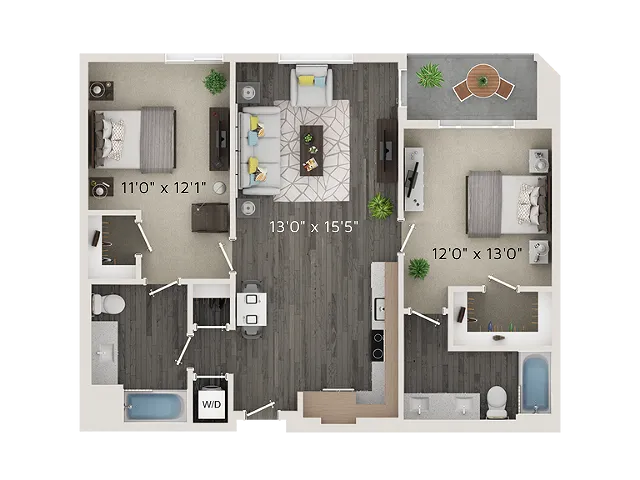 B1 Floor Plan | 2 Bedroom with 2 Bath | 938 Square Feet | Park Avenue  | Apartment Homes