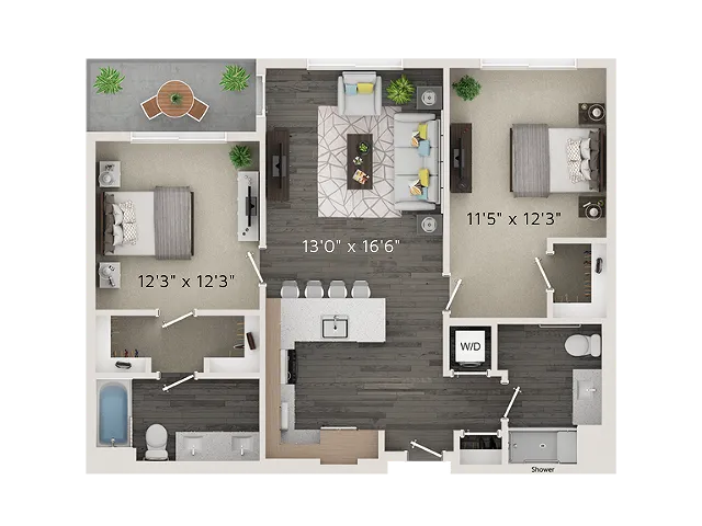 B2 Floor Plan | 2 Bedroom with 2 Bath | 959 Square Feet | Park Avenue  | Apartment Homes