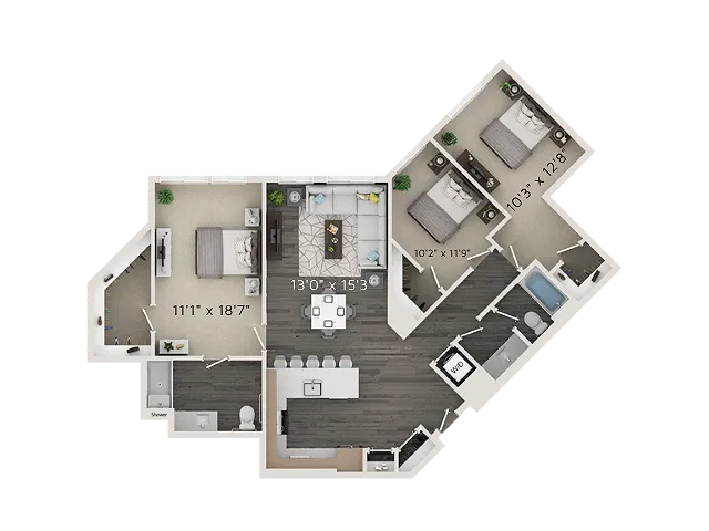 C1 Floor Plan | 3 Bedroom with 2 Bath | 1288 Square Feet | Park Avenue  | Apartment Homes