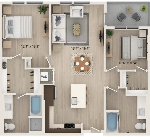B6 - Floor Plan | 2 Bed 2 Bath | 1,085  Square Feet | Cottonwood Highland | Apartment Home