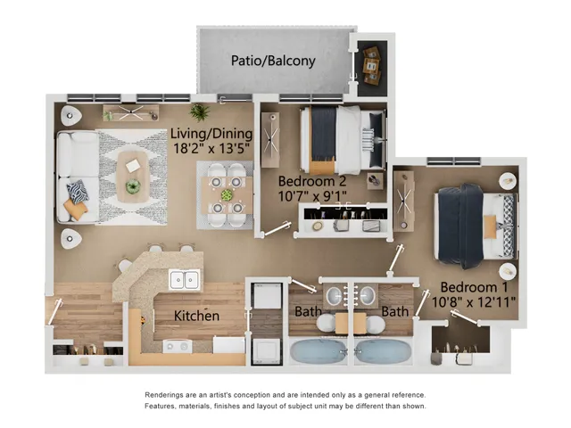B-1 Floor Plan | 2 Bedroom with 2 Bath | 912 Square Feet | Toscana at Valley Ridge | Apartment Homes