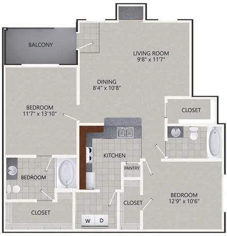 B1r24 Floor Plan | 2 Bedroom with 2 Bath Renovated| 1092 Square Feet | Cottonwood Ridgeview | Apartment Homes