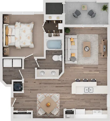 Chic floor plan with 1 bedroom, open living space, and a sleek kitchen design.