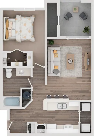 Top-view 2D floor plan featuring 1 bedroom, a cozy living area, dining space, and a modern kitchen.