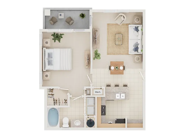 Contemporary floor plan displaying a cozy one-bedroom apartment with an open-plan kitchen, living room, and private balcony.
