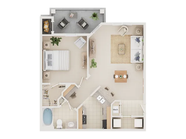 Contemporary floor plan highlighting a spacious one-bedroom layout with a modern kitchen and comfortable living area.