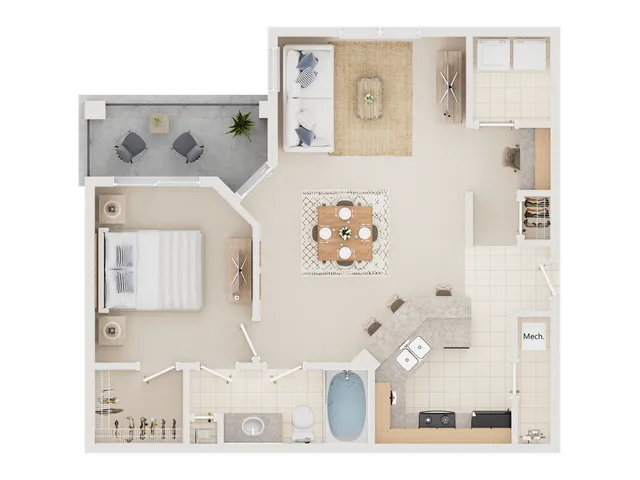 Elegant 3D floor plan with 1 bedroom, open living area, kitchen, dining space, bathroom, and balcony.