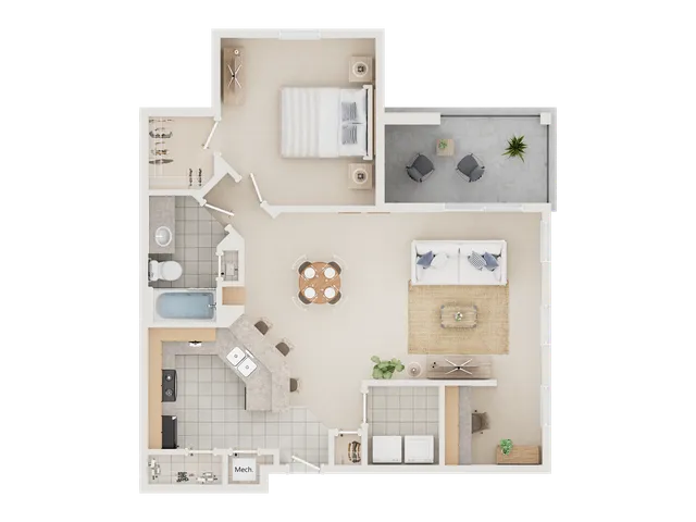 Chic 2D floor plan featuring one bedroom, an open living room, modern kitchen, and cozy balcony.