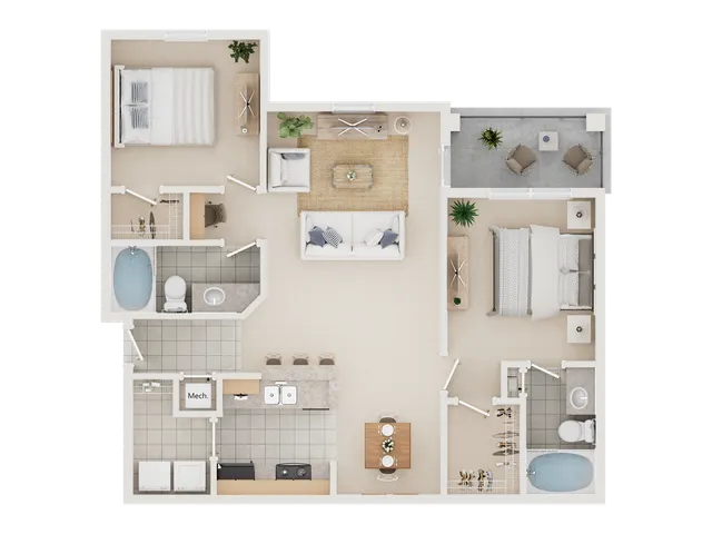 Sophisticated floor plan featuring 2 spacious bedrooms, open-concept living and dining area, modern kitchen, and private balcony.