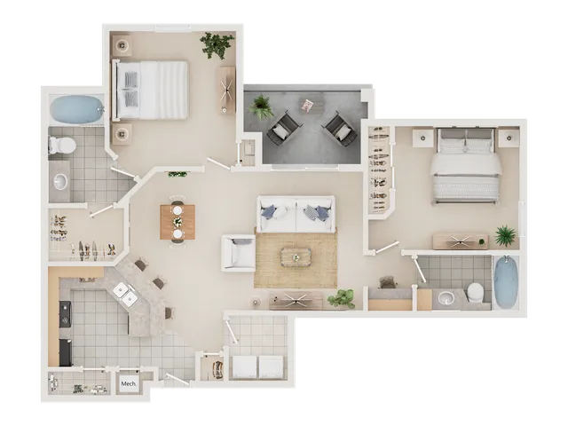 Sophisticated 3D floor plan with 2 bedrooms, spacious living area, modern kitchen, and cozy balcony.