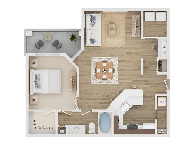 Stylish floor plan showcasing 1 bedroom, spacious living area, modern kitchen, and cozy balcony.
