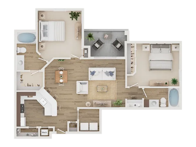 Detailed 2D floor plan with 2 bedrooms, an open living area, modern kitchen, and two bathrooms.