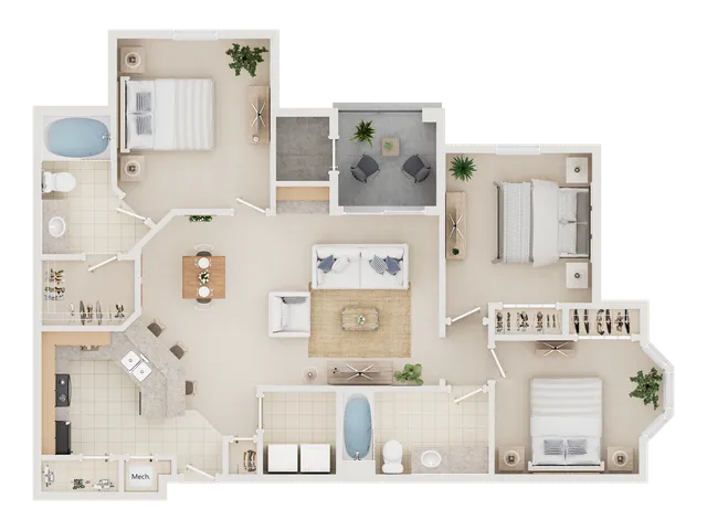 Stylish 3D floor plan with 3 bedrooms, modern kitchen, open living area, and luxurious bathrooms.