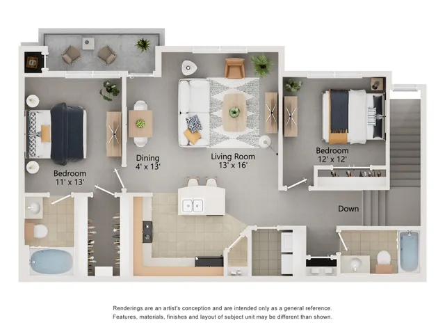 Elegant apartment floor plan showcasing 2 bedrooms, a cozy living room, dining space, and modern kitchen. Includes private balcony and 2 bathrooms for comfortable living at Enclave on Golden Triangle Apartments in Fort Worth, TX.