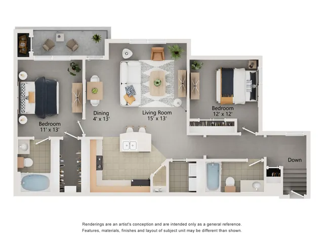 Elegant apartment floor plan showcasing 2 spacious bedrooms, an inviting living room, and a modern kitchen with dining area at Enclave on Golden Triangle Apartments in Fort Worth..