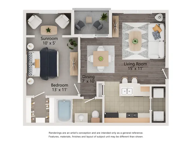 Contemporary floor plan featuring a cozy bedroom, sunroom, spacious living room, and functional dining area with modern kitchen and bath at Enclave on Golden Triangle Apartments in Fort Worth, TX..