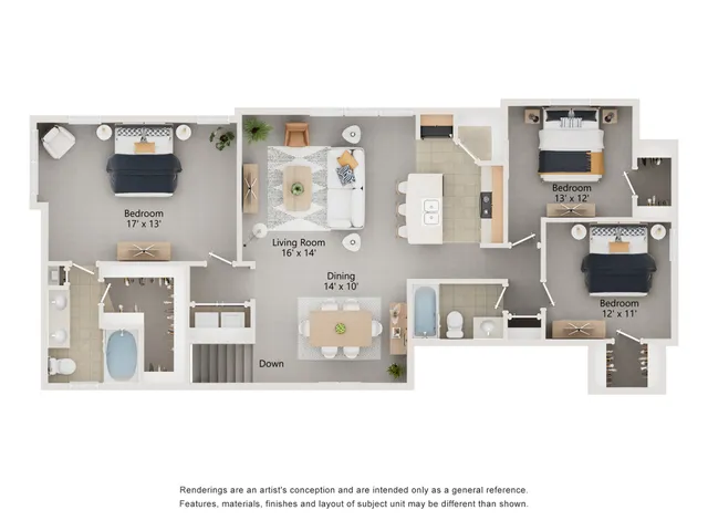 Modern 3-bedroom floor plan with spacious living room, dining area, and sleek kitchen, perfect for stylish living  at Enclave on Golden Triangle Apartments in Fort Worth..