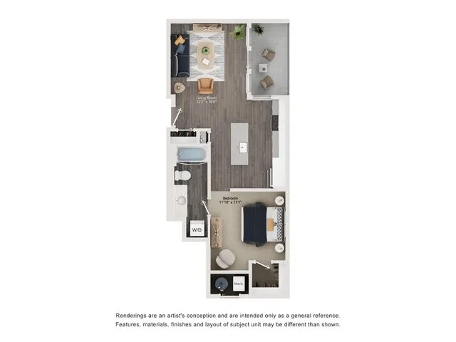 Modern floor plan showcasing a stylish 1-bedroom apartment with open-concept living and kitchen area, cozy balcony, and efficient layout at The Richmond Apartments in Millcreek, UT.