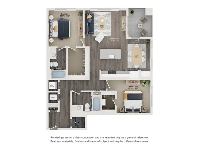B7 - Floor Plan | 2 bedroom with 2 Bath | 1174 Square Feet | The Richmond | Apartment Homes