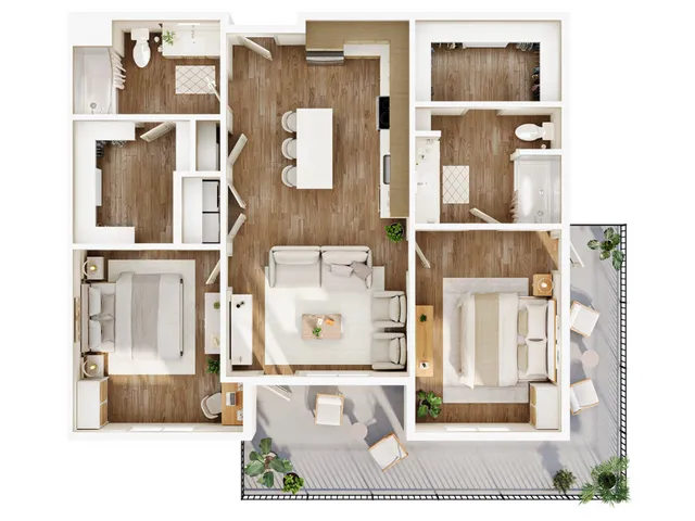 Two Bed Corner Floor Plan | Two Bedroom with 2 Baths | 1064-1070 Square Feet | Current | Apartment Homes