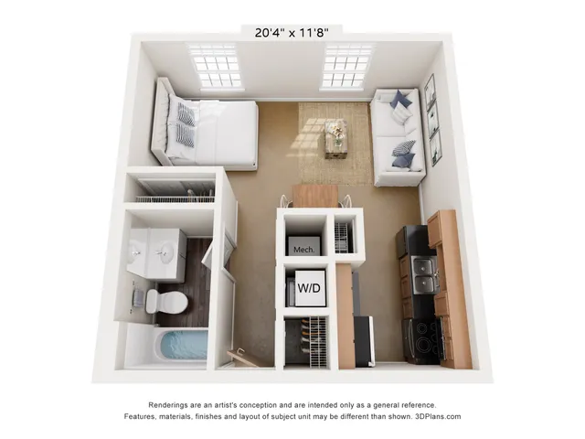 Charming studio apartment floor plan featuring a cozy bedroom, stylish living area, modern kitchen, and spacious bathroom with sleek finishes at Alpha Mill Apartments in Charlotte