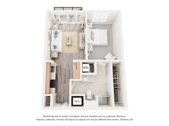 Modern 3D floor plan featuring an open-concept living room, cozy bedroom, and compact kitchen. Includes stylish bathroom and in-unit laundry at Alpha Mill Apartments in Charlotte NC