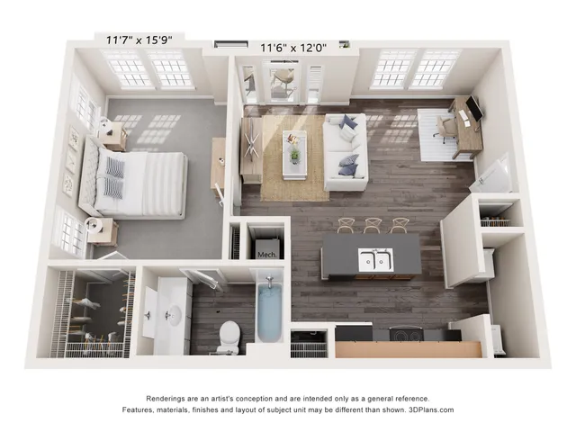 Modern 3D floor plan showcasing a spacious 1-bedroom apartment with open living room, elegant kitchen island, and functional workspace at Alpha Mill Apartments in Charlotte NC