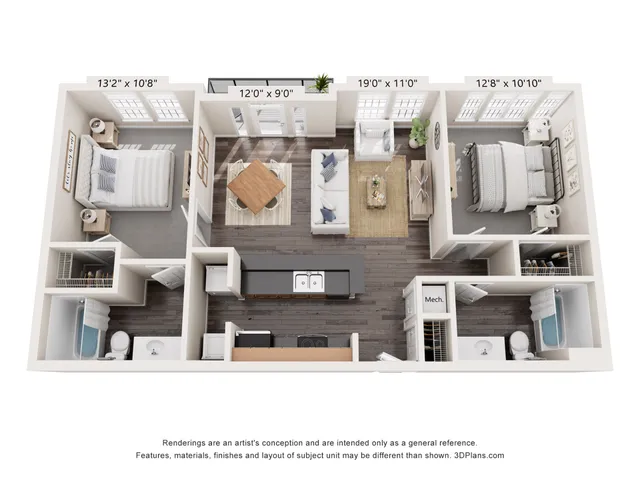 Modern 3D floor plan featuring 2 cozy bedrooms, an inviting open-concept living and dining area, sleek kitchen, and two bathrooms, perfect for a stylish urban lifestyle at Alpha Mill Apartments in Charlotte NC