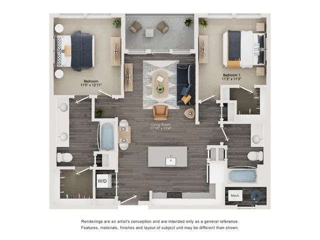 B3 - Floor Plan | 2 bedroom with 2 Bath | 1078 Square Feet | The Richmond | Apartment Homes