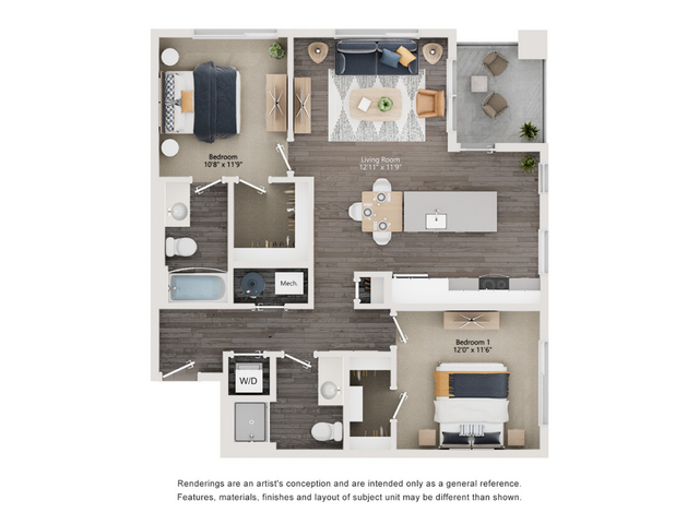 B1 - Floor Plan | 2 bedroom with 2 Bath | 1027 Square Feet | The Richmond | Apartment Homes