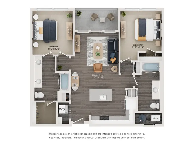 B2 - Floor Plan | 2 bedroom with 2 Bath | 1079 Square Feet | The Richmond | Apartment Homes
