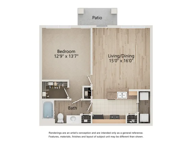 Modern 1-bedroom apartment floor plan with open living/dining area and inviting patio.
